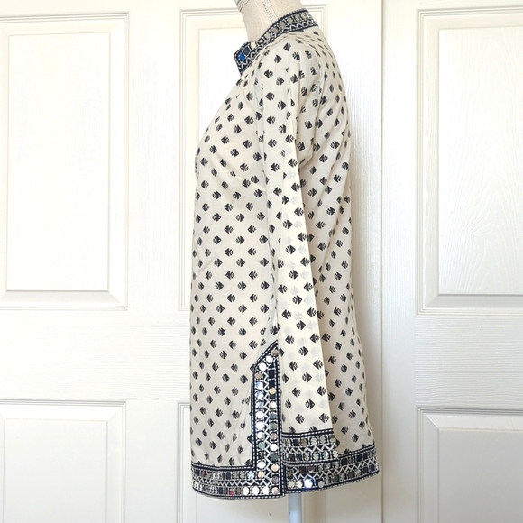 Tory Burch Ivory & Black Fish Print Tunic Top w/ Mirror Sequins - Picture 6 of 12